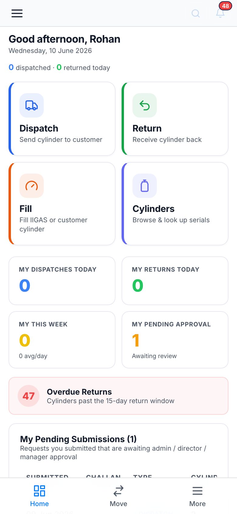 Mobile operator view of the gas cylinder tracking app — dispatch, return, fill and cylinder lookup