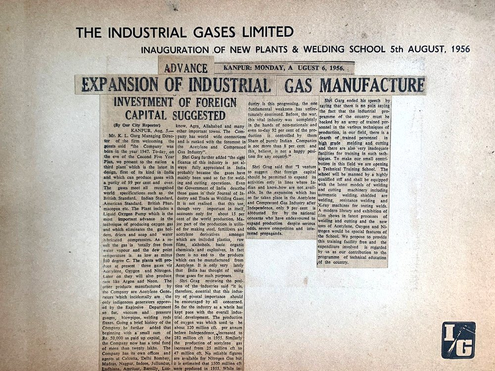 Contemporary press coverage of the 1956 inauguration (The Advance, Kanpur), reporting K. L. Garg’s expansion of industrial-gas manufacture.